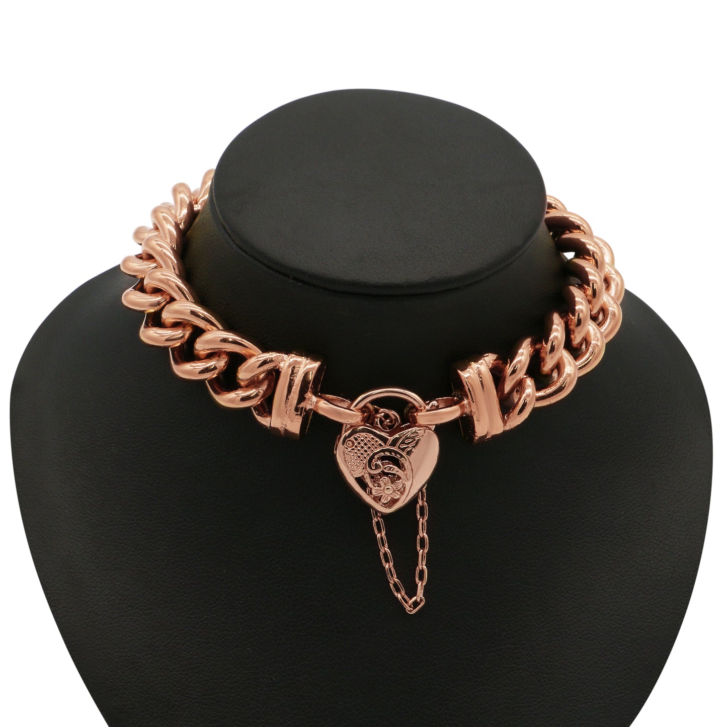 18ct Heavy Rose Gold Plated 12mm Euro Curb Chain Bracelet with a Vegas Heart Locket - USA Made
