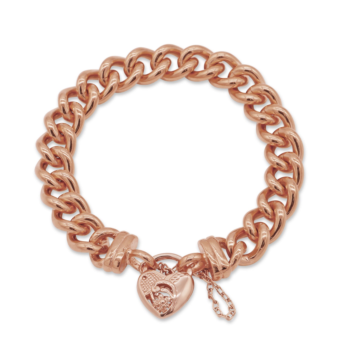 18ct Heavy Rose Gold Plated 12mm Euro Curb Chain Bracelet with a Vegas Heart Locket - USA Made