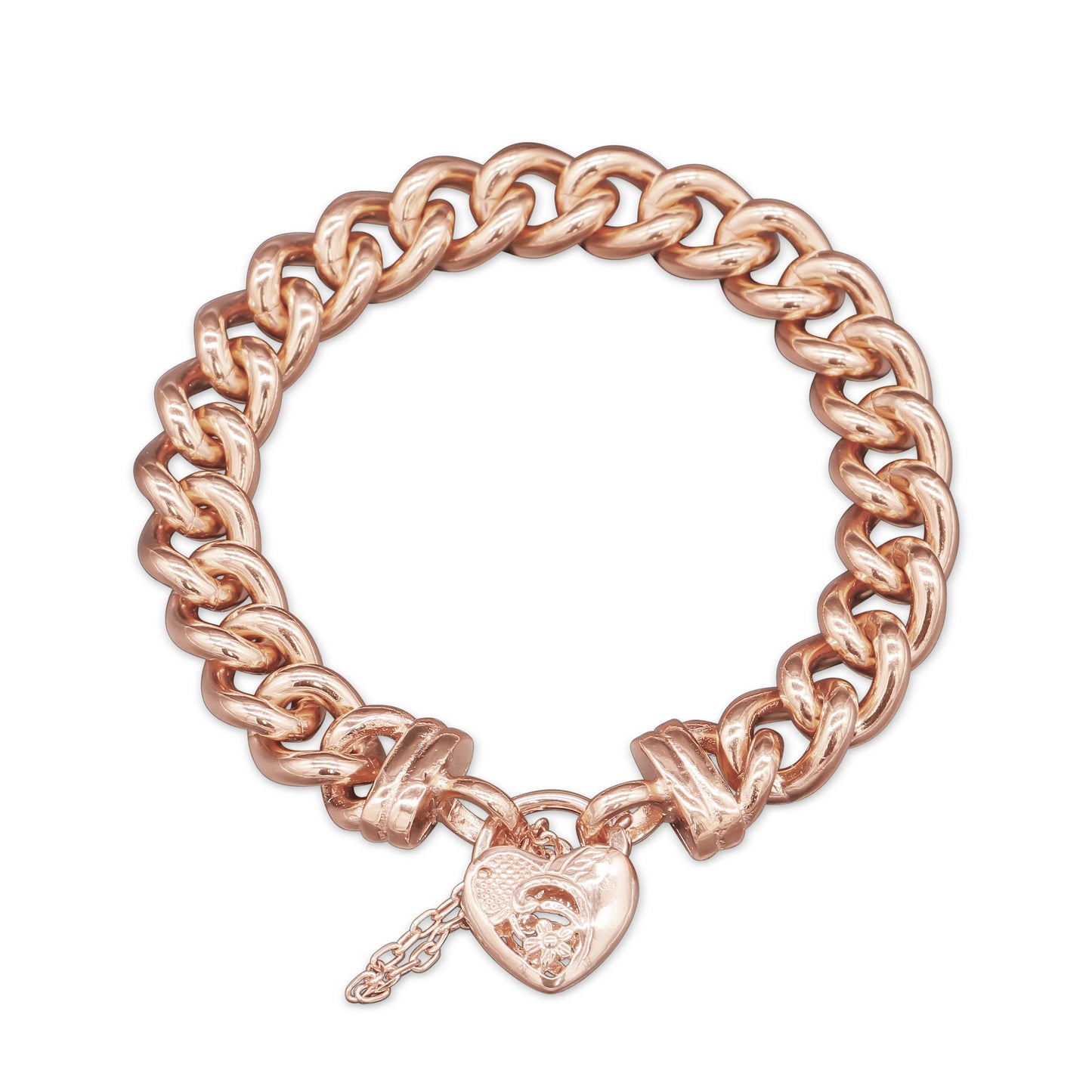 18ct Heavy Rose Gold Plated 12mm Euro Curb Chain Bracelet with a Vegas Heart Locket - USA Made