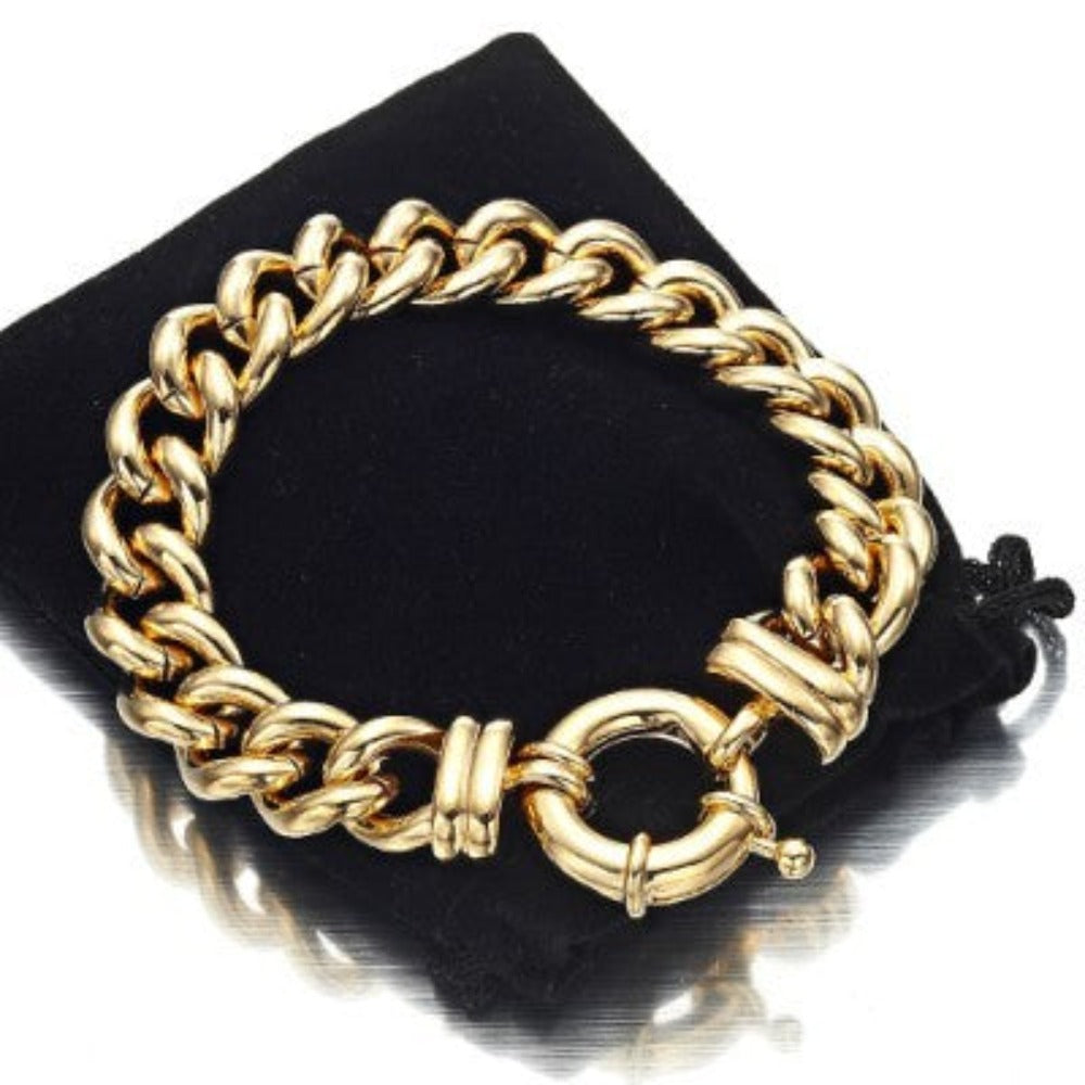 18ct Heavy Yellow Gold Plated 12mm Euro Curb Chain Bracelet with Marina Bolt Clasp - USA Made