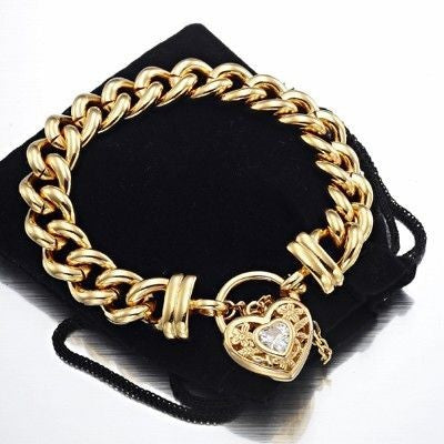 18ct Heavy Yellow Gold Plated 12mm Euro Curb Chain Bracelet with a Filigree Locket Featuring a Simulated Diamond - USA Made