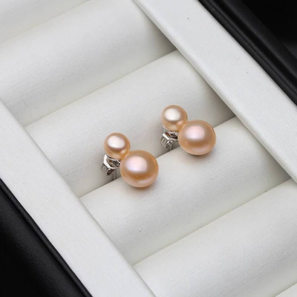 Pendientes colgantes dobles de perlas genuinas de agua dulce