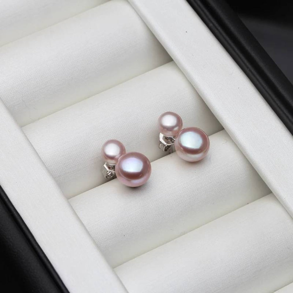 Pendientes colgantes dobles de perlas genuinas de agua dulce