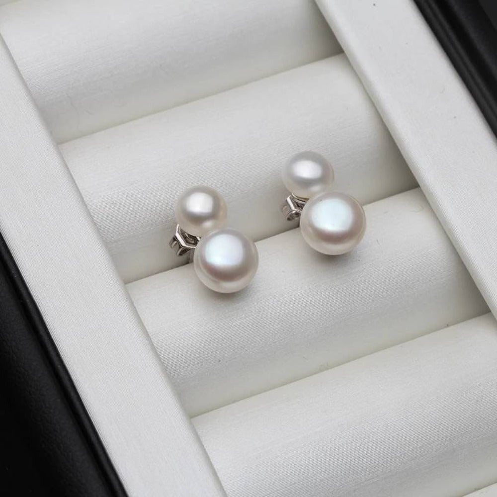 Pendientes colgantes dobles de perlas genuinas de agua dulce