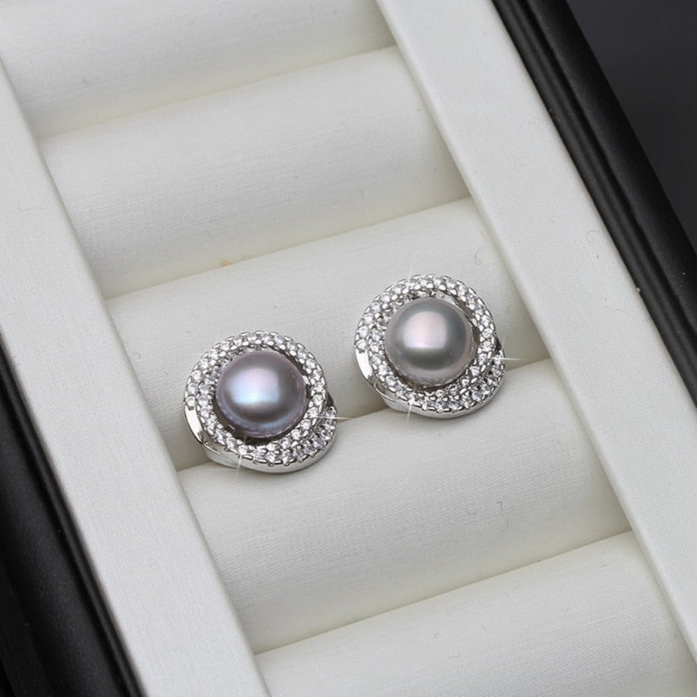 Pendientes de tuerca con forma de remolino de perlas de agua dulce y diamantes de imitación auténticos