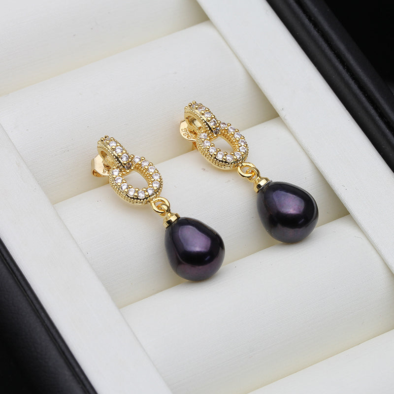 Pendientes colgantes dobles de perlas genuinas de agua dulce en oro