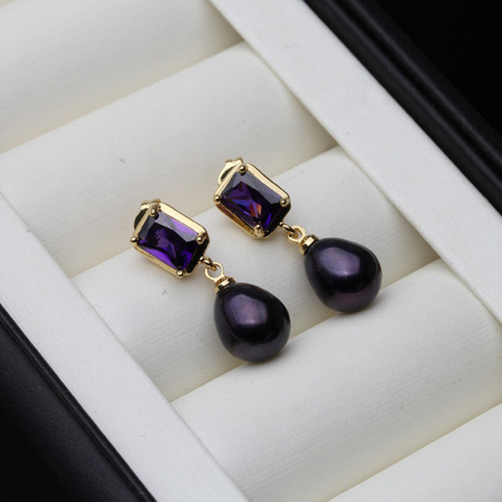 Pendientes colgantes rectangulares de color morado con perlas de agua dulce auténticas