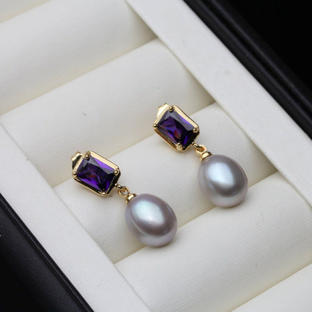 Pendientes colgantes rectangulares de color morado con perlas de agua dulce auténticas