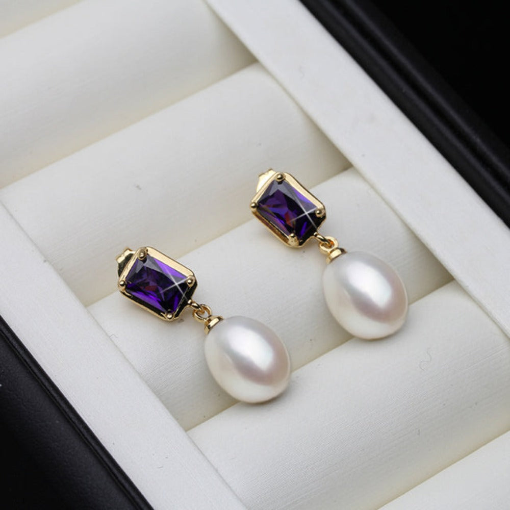Pendientes colgantes rectangulares de color morado con perlas de agua dulce auténticas