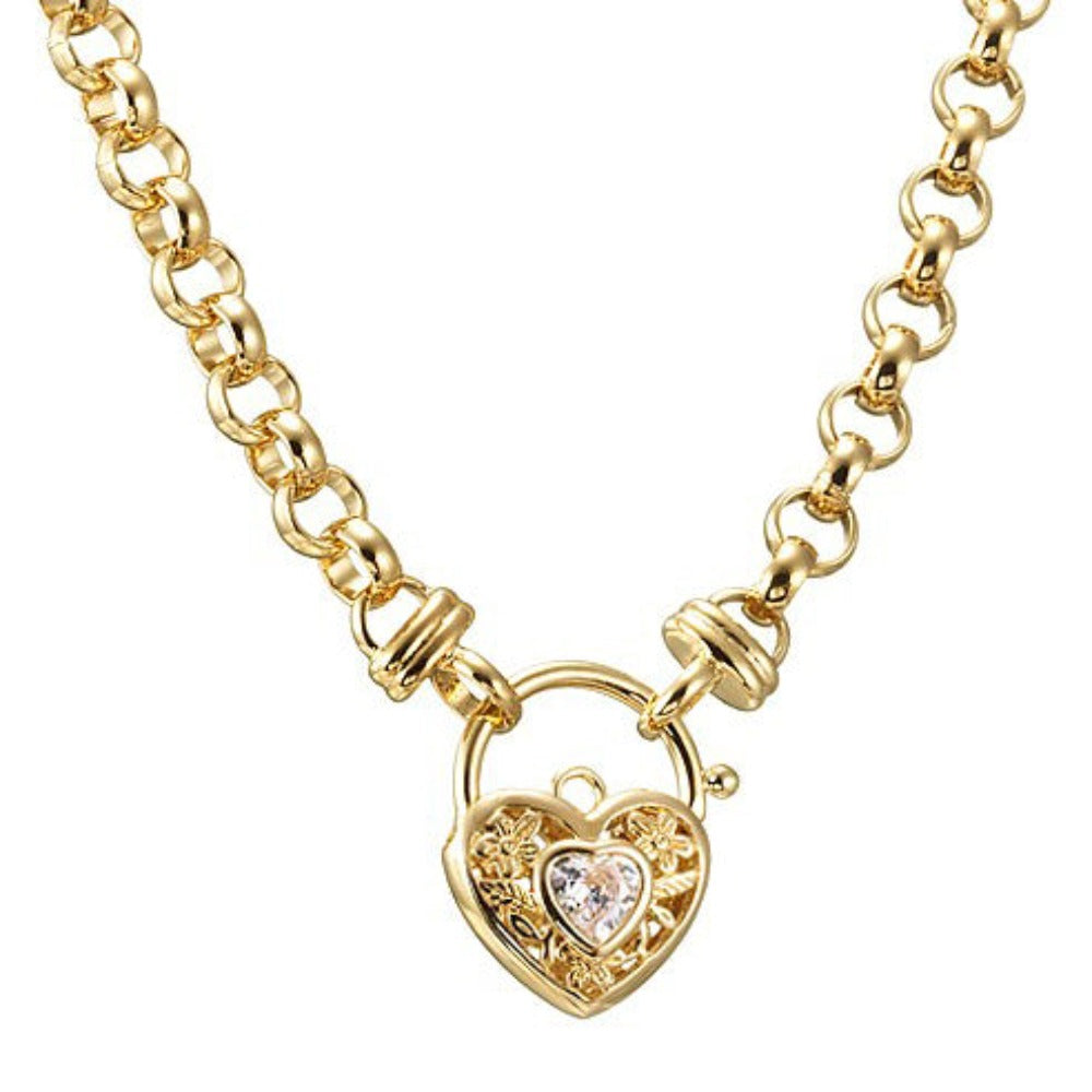 Schwere, 18 Karat Gelbgold plattierte 6-mm-Belcher-Kette mit einem filigranen Medaillon mit einem simulierten Diamanten – Hergestellt in den USA