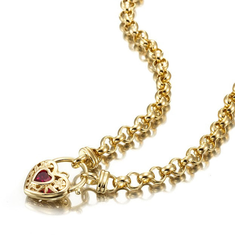 Schwere, gelbvergoldete 6-mm-Ringkette mit filigranem Medaillon und simuliertem Rubin, hergestellt in den USA.