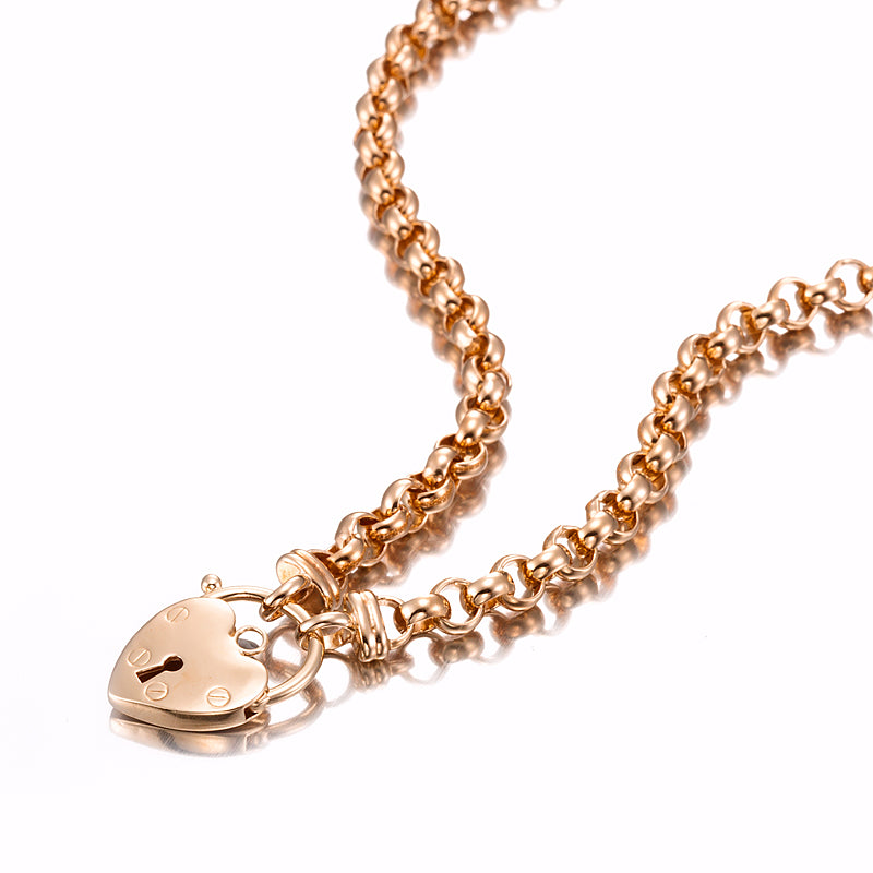 18ct Heavy Rose Gold Plated 6mm Belcher Chain Necklace with a Small Plain Heart Locket - USA Made