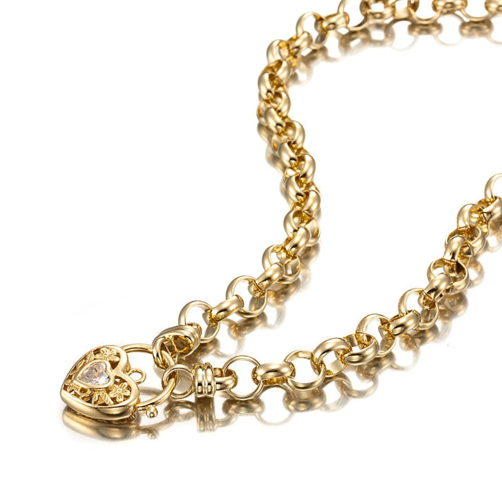 18ct Heavy Yellow Gold Plated 10mm Belcher Chain Necklace with a Filigree Stone Locket - USA Made