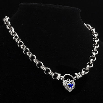 925 Sterling Silver Plated 10mm Belcher Chain Necklace with a Dark Blue Filigree Locket - USA Made