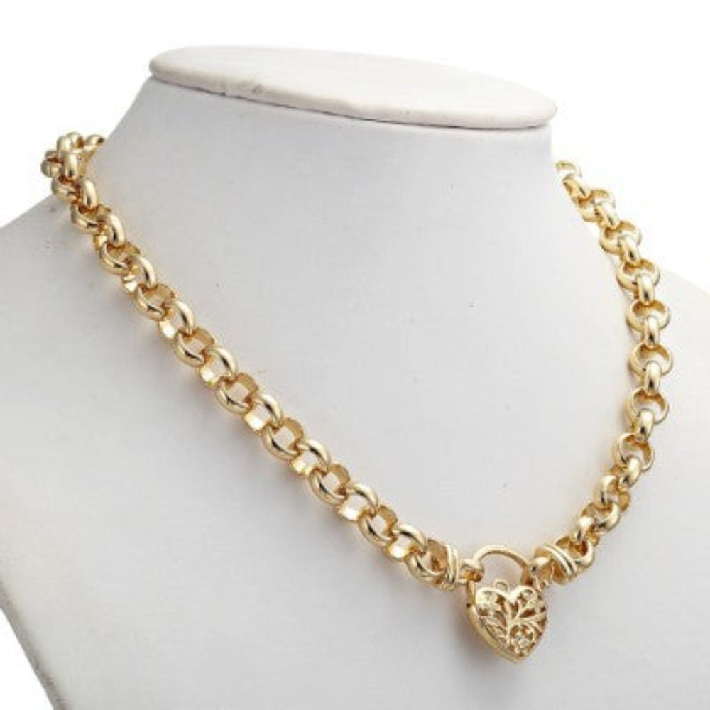 Schwere, gelbvergoldete Belcher-Kette mit 18 Karat und filigranem Medaillon, hergestellt in den USA