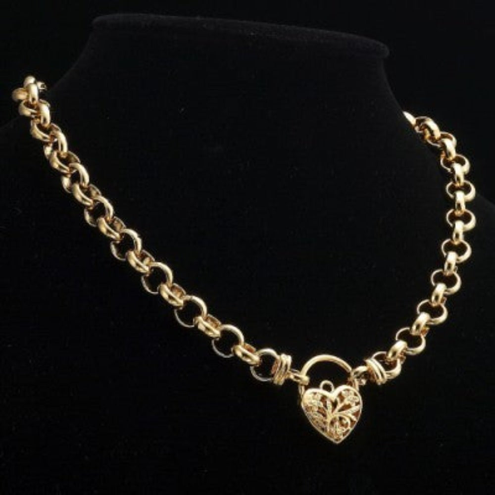 Schwere, gelbvergoldete Belcher-Kette mit 18 Karat und filigranem Medaillon, hergestellt in den USA