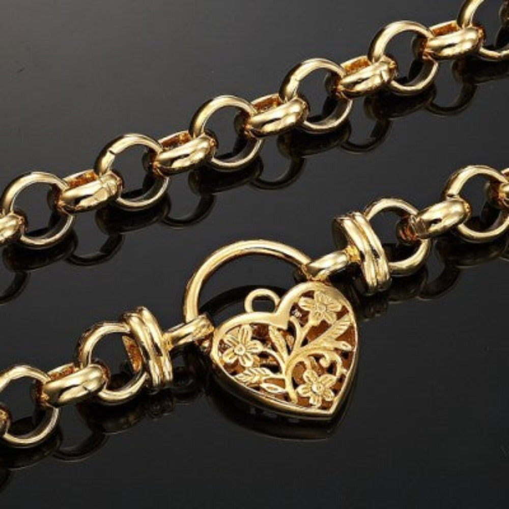 Schwere, gelbvergoldete Belcher-Kette mit 18 Karat und filigranem Medaillon, hergestellt in den USA