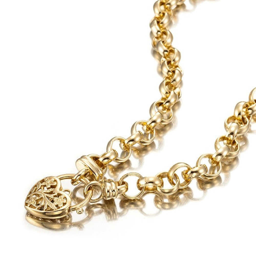Schwere, gelbvergoldete Belcher-Kette mit 18 Karat und filigranem Medaillon, hergestellt in den USA
