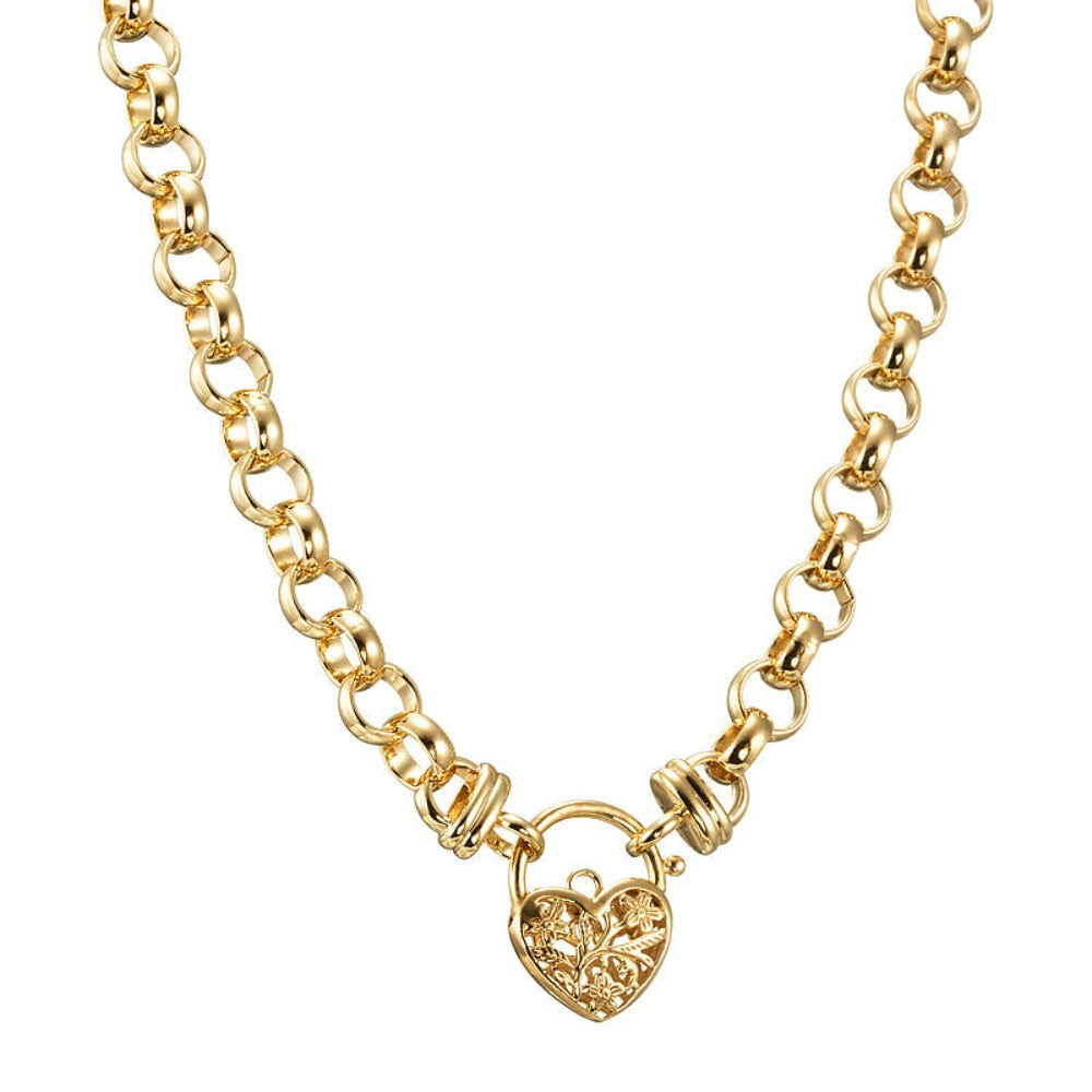 Schwere, gelbvergoldete Belcher-Kette mit 18 Karat und filigranem Medaillon, hergestellt in den USA