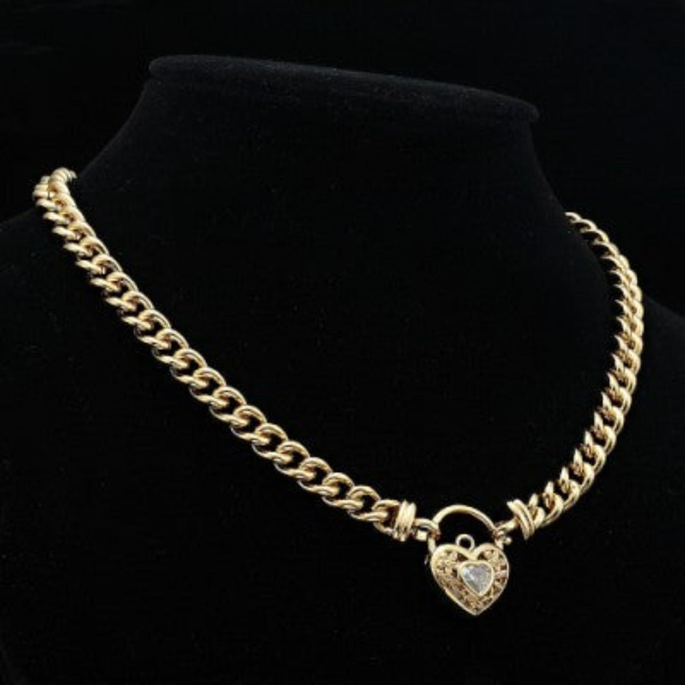 Collar de cadena europea chapado en oro amarillo pesado de 18 quilates con un medallón de filigrana con un diamante de imitación, fabricado en EE. UU.
