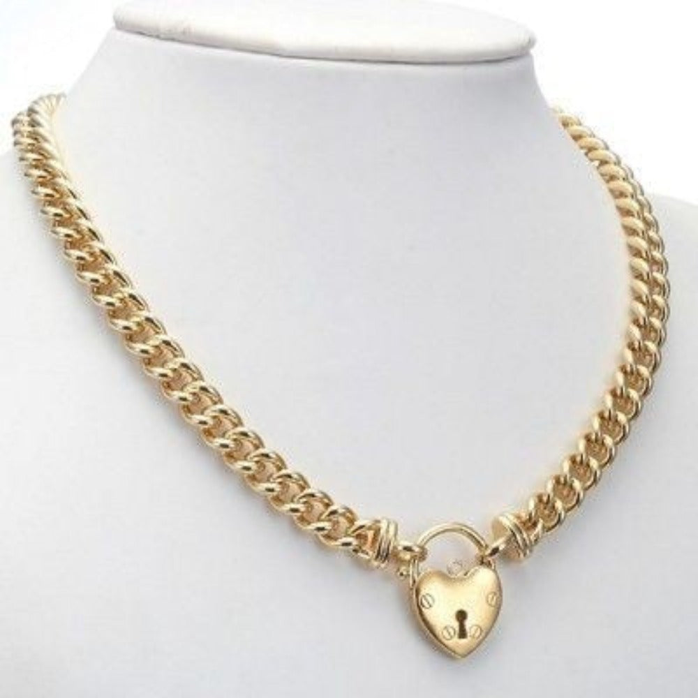 18ct Heavy Yellow Gold Plated Euro Chain Necklace with a Small Plain Heart Locket - USA Made