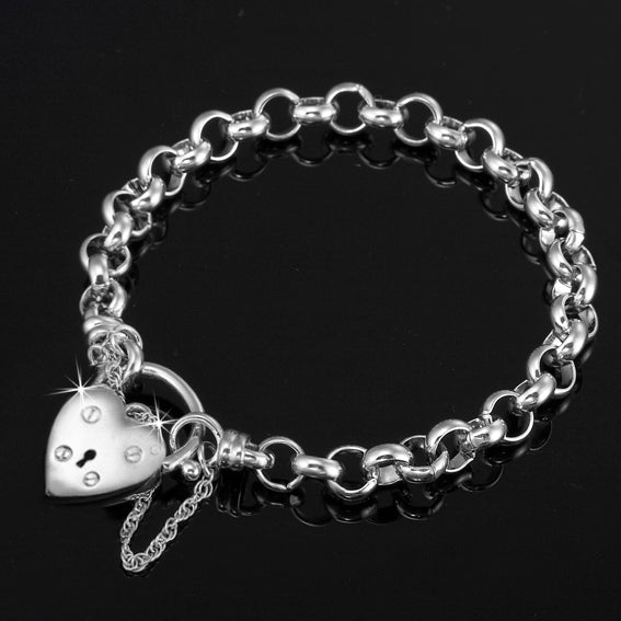 925 Sterling Silver Plated 6mm Belcher Chain Bracelet with a Small Plain Heart Locket - USA Made