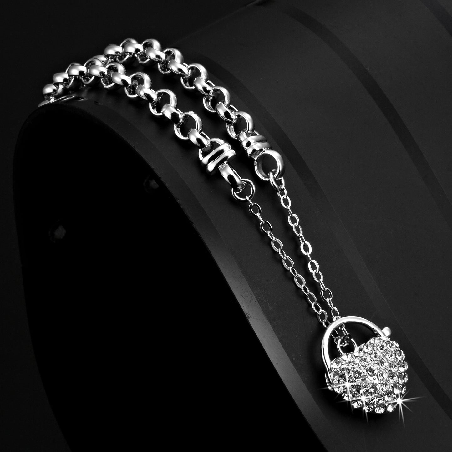 Solid 925 Sterling Silver Belcher Heart Locket Bracelet Featuring 44 Clear Crystals by Swarovski®