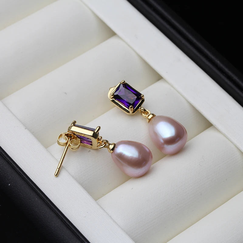 Pendientes colgantes rectangulares de color morado con perlas de agua dulce auténticas