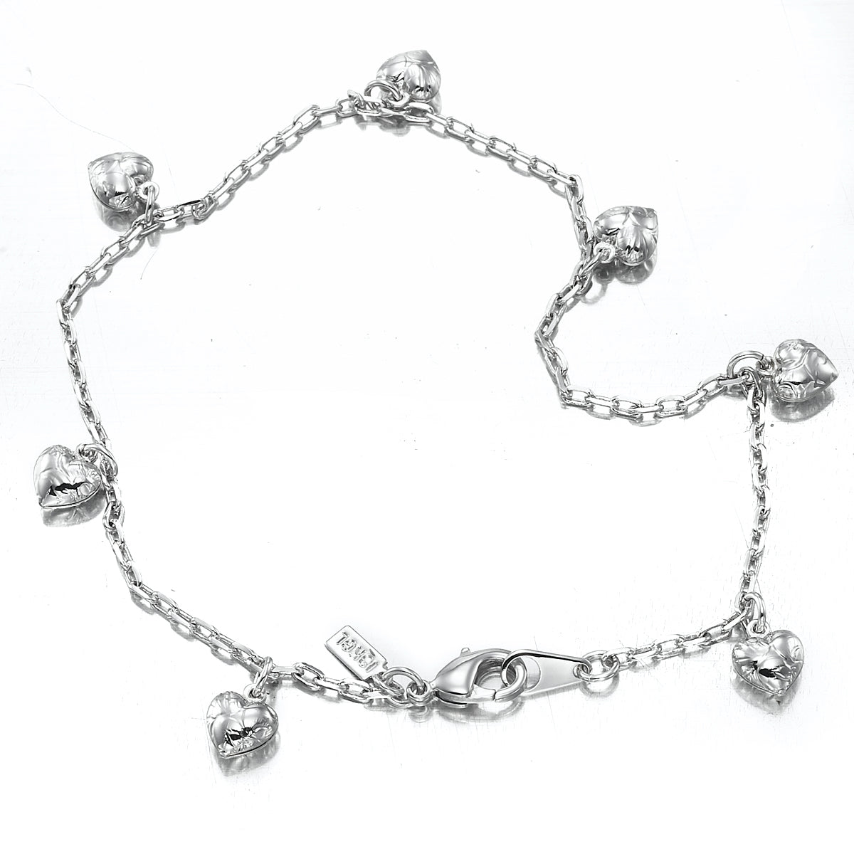 925 Sterling Silver Plated Heart Charm Anklet - USA Made