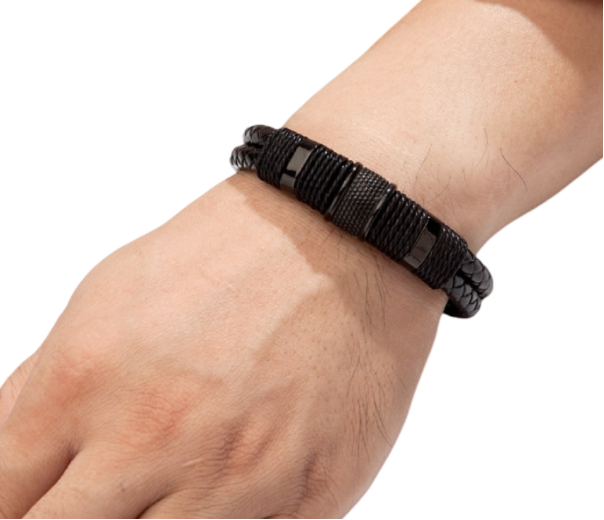 Men's Designer Leather, Rope & Stainless Steel Bracelet