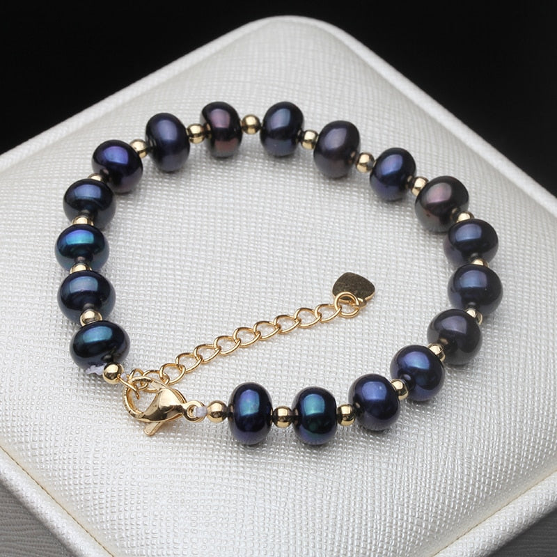 Genuine Black Freshwater Pearl Bracelet in Gold | 6.5 - 8 Inches (Adjustable)