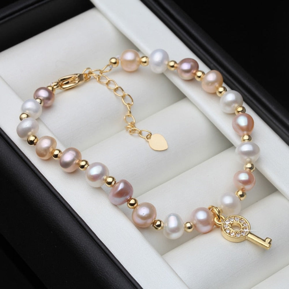 Genuine Pink, Purple & White Freshwater Pearl Key Bracelet in Gold