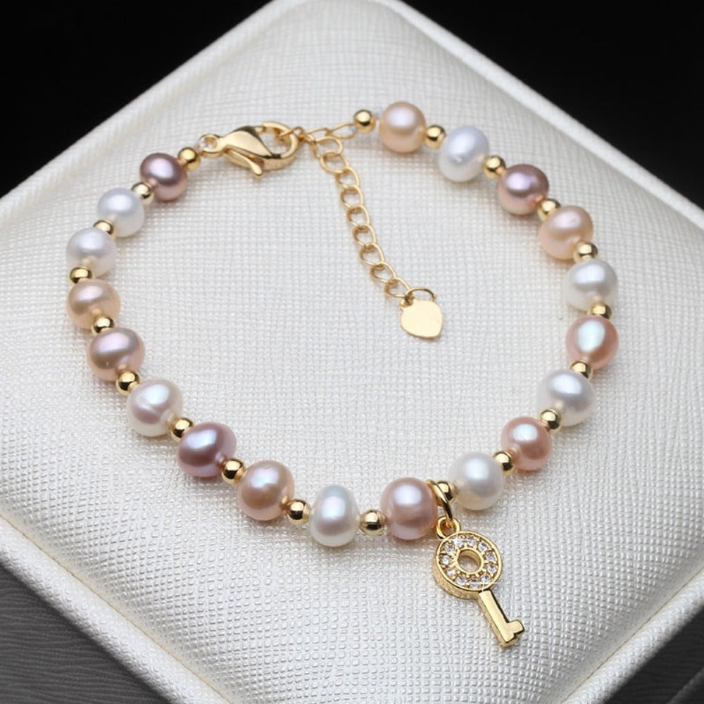 Genuine Pink, Purple & White Freshwater Pearl Key Bracelet in Gold