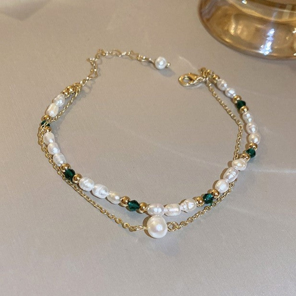 Designer Handmade Genuine White Freshwater Pearl & Simulated Emerald Bracelet in Gold