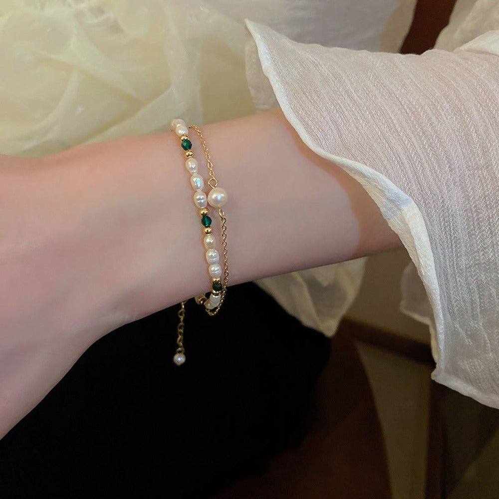 Designer Handmade Genuine White Freshwater Pearl & Simulated Emerald Bracelet in Gold