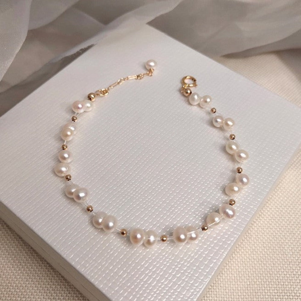 Designer Genuine White Freshwater Pearl Cluster Bracelet in Gold