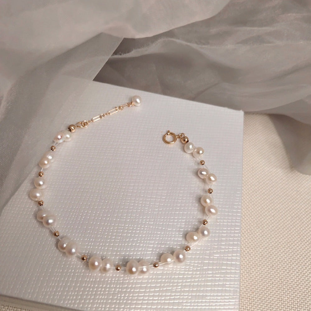 Designer Genuine White Freshwater Pearl Cluster Bracelet in Gold