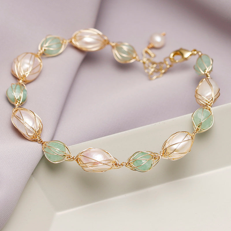 Designer Handmade Genuine White and Mint Freshwater Pearl Bracelet