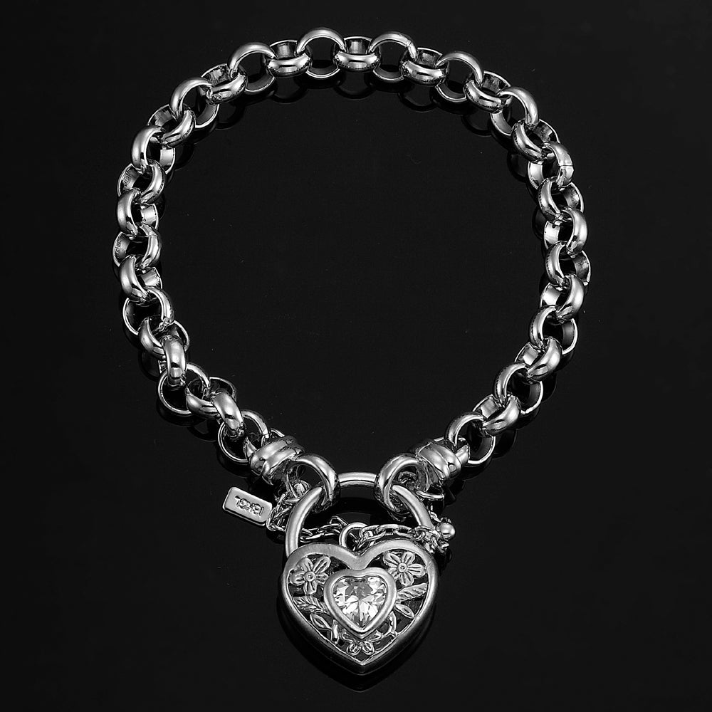 925 Sterling Silver Plated 6mm Belcher Chain Bracelet with a Filigree Clear Locket - USA Made