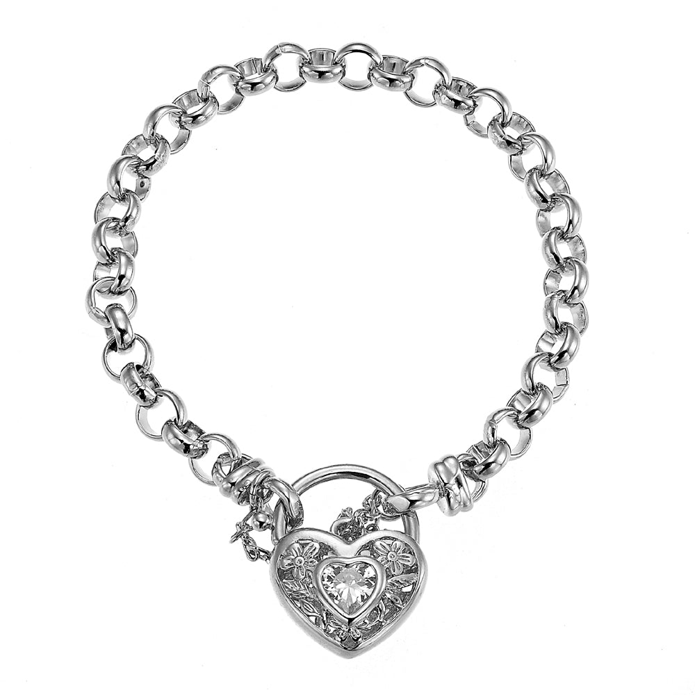 925 Sterling Silver Plated 6mm Belcher Chain Bracelet with a Filigree Clear Locket - USA Made