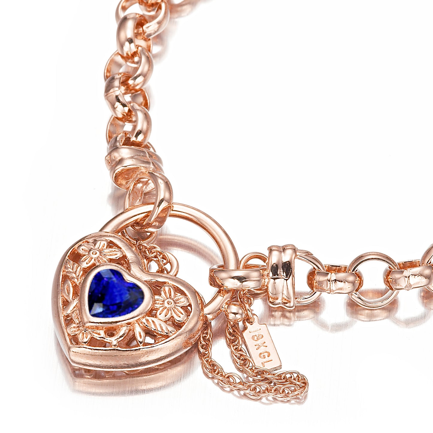 18ct Heavy Rose Gold Plated 6mm Belcher Chain Bracelet with a Dark Blue Filigree Locket - USA Made