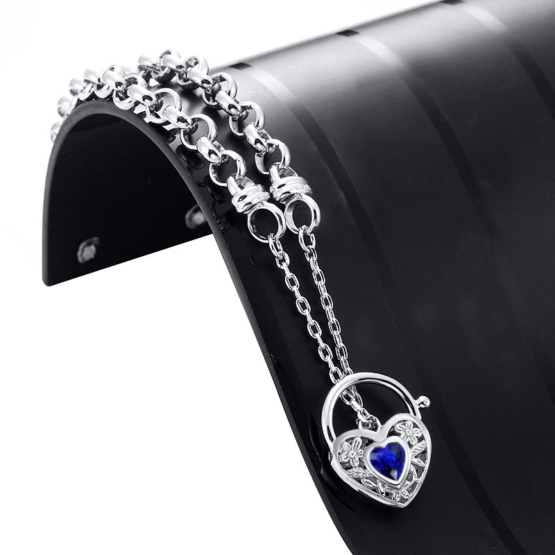 925 Sterling Silver Plated 6mm Belcher Chain Bracelet with a Dark Blue Filigree Locket - USA Made