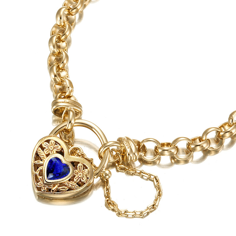 18ct Heavy Yellow Gold Plated 6mm Belcher Chain Bracelet with a Dark Blue Filigree Locket - USA Made