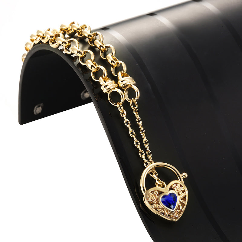 18ct Heavy Yellow Gold Plated 6mm Belcher Chain Bracelet with a Dark Blue Filigree Locket - USA Made