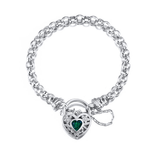 925 Sterling Silver Plated 6mm Belcher Chain Bracelet with a Green Filigree Locket - USA Made