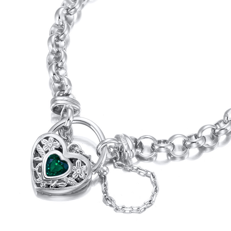 925 Sterling Silver Plated 6mm Belcher Chain Bracelet with a Green Filigree Locket - USA Made