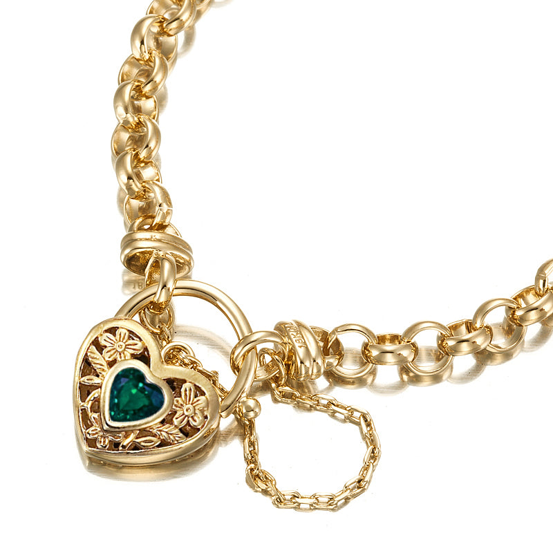 18ct Heavy Yellow Gold Plated 6mm Belcher Chain Bracelet with a Green Filigree Locket - USA Made