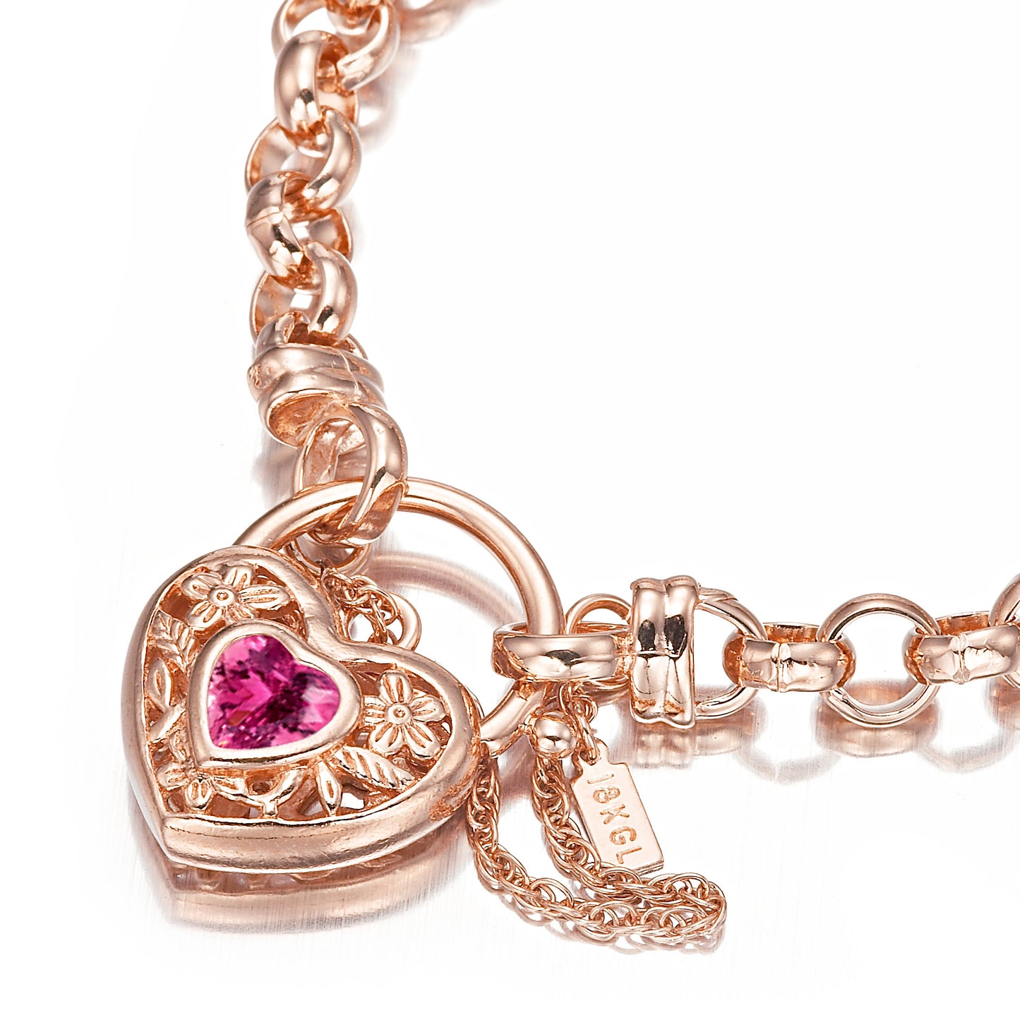 18ct Heavy Rose Gold Plated 6mm Belcher Chain Bracelet with a Pink Filigree Locket - USA Made