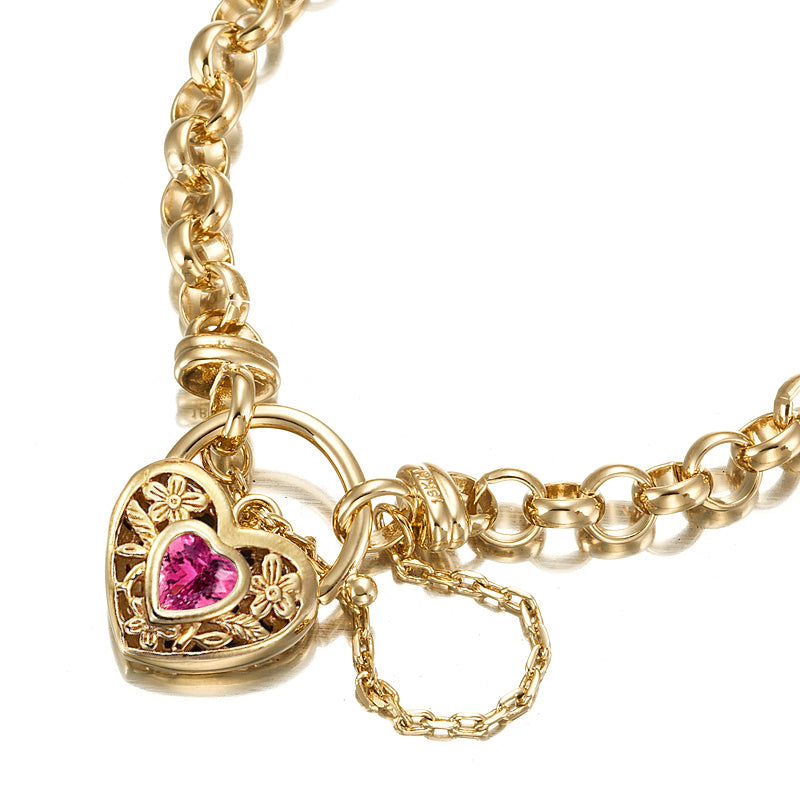 18ct Heavy Yellow Gold Plated 6mm Belcher Chain Bracelet with a Pink Filigree Locket - USA Made