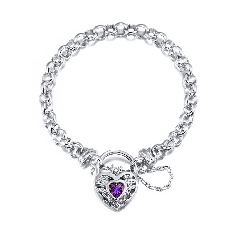 925 Sterling Silver Plated 6mm Belcher Chain Bracelet with a Purple Filigree Locket - USA Made